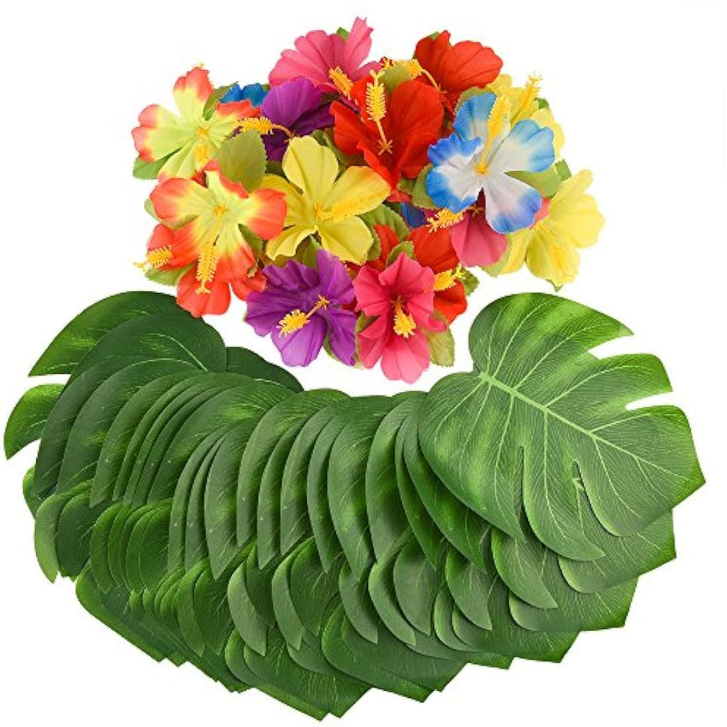 Jolof Store Tropical Palm Leaves & Hibiscus Flowers - 60 Pc Luau Decor