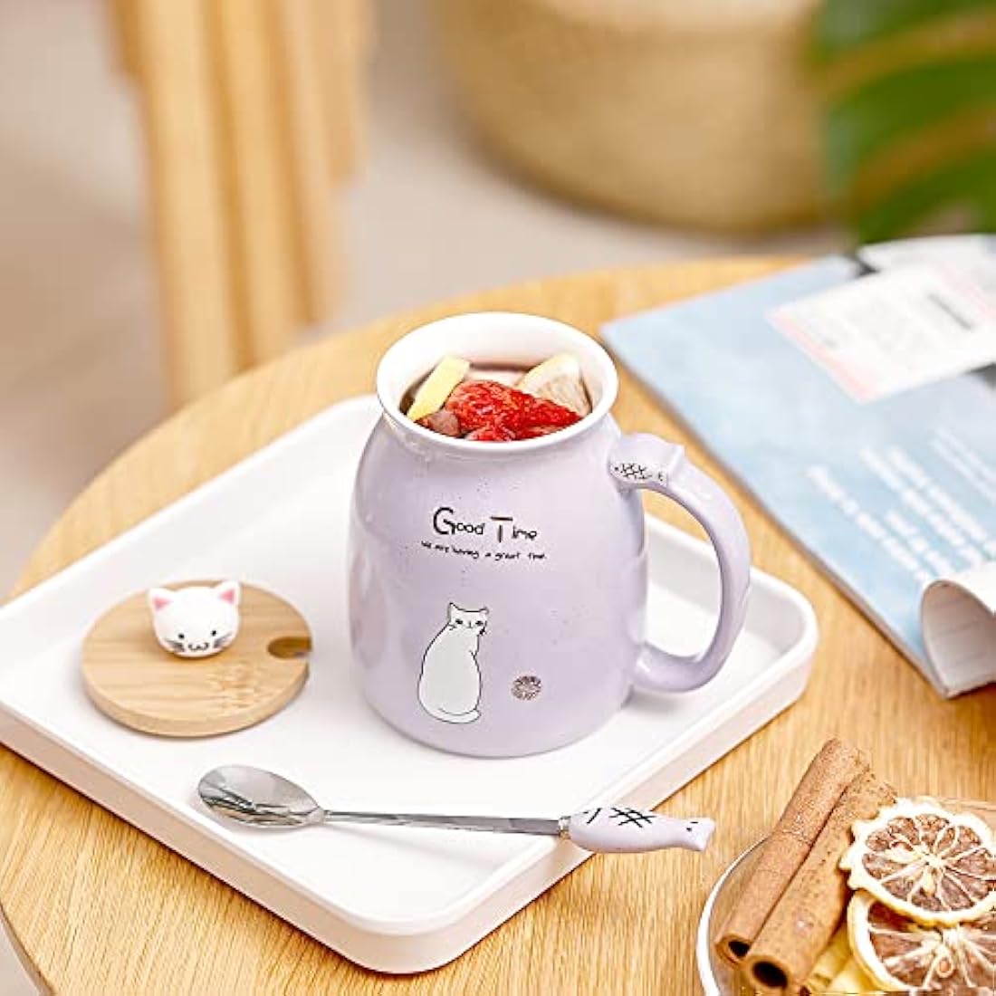 Cute Cat Ceramic Mug Set - 4 Coffee Cups with Lids and Spoons