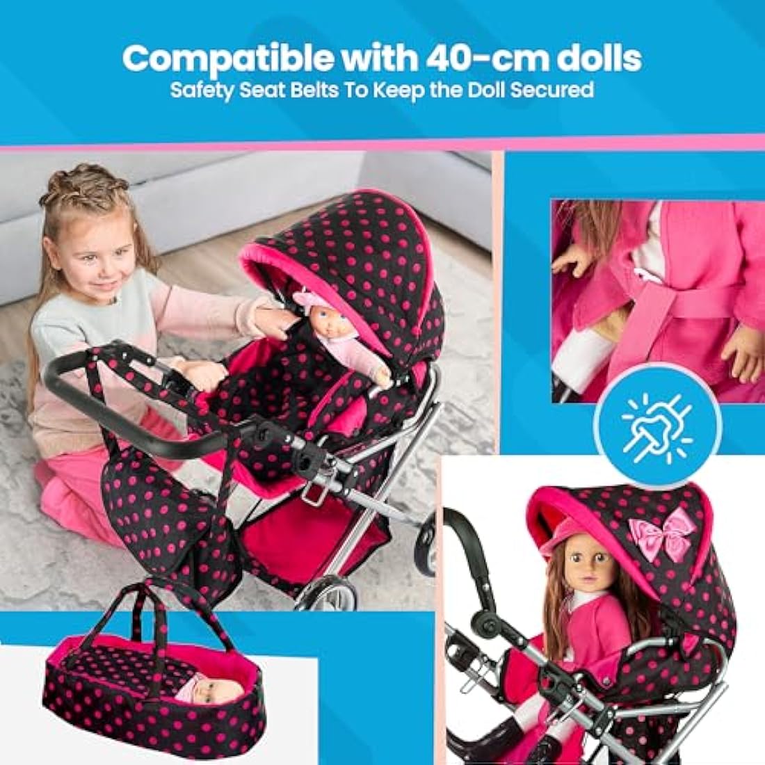 Kinderplay 3-in-1 Doll Pram – Adjustable Toy Stroller for Girls, KP0200G