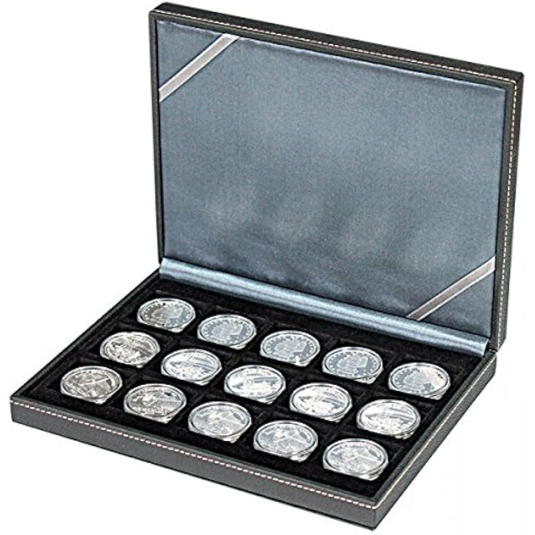 LINDNER Coin Case - 15 Compartments for 40mm Coins - Black Leather Look