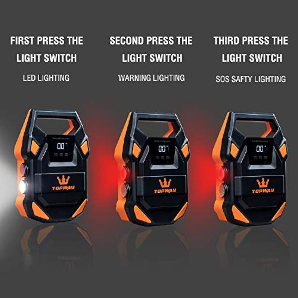 TOPWAY 12V Digital Tyre Inflator – 150 PSI Air Compressor with SOS Light