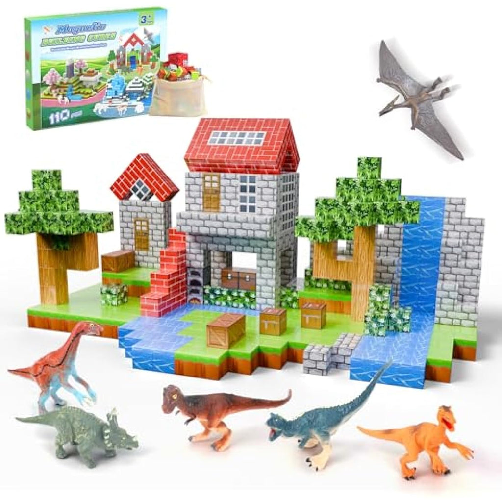 Demolike 110PCS Magnetic Blocks with 6 Dinosaur Toys – STEM Building Set