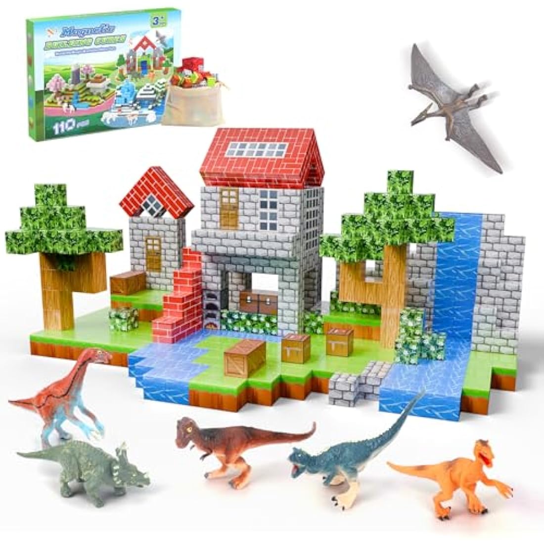 Demolike 110PCS Magnetic Blocks with 6 Dinosaur Toys – STEM Building Set
