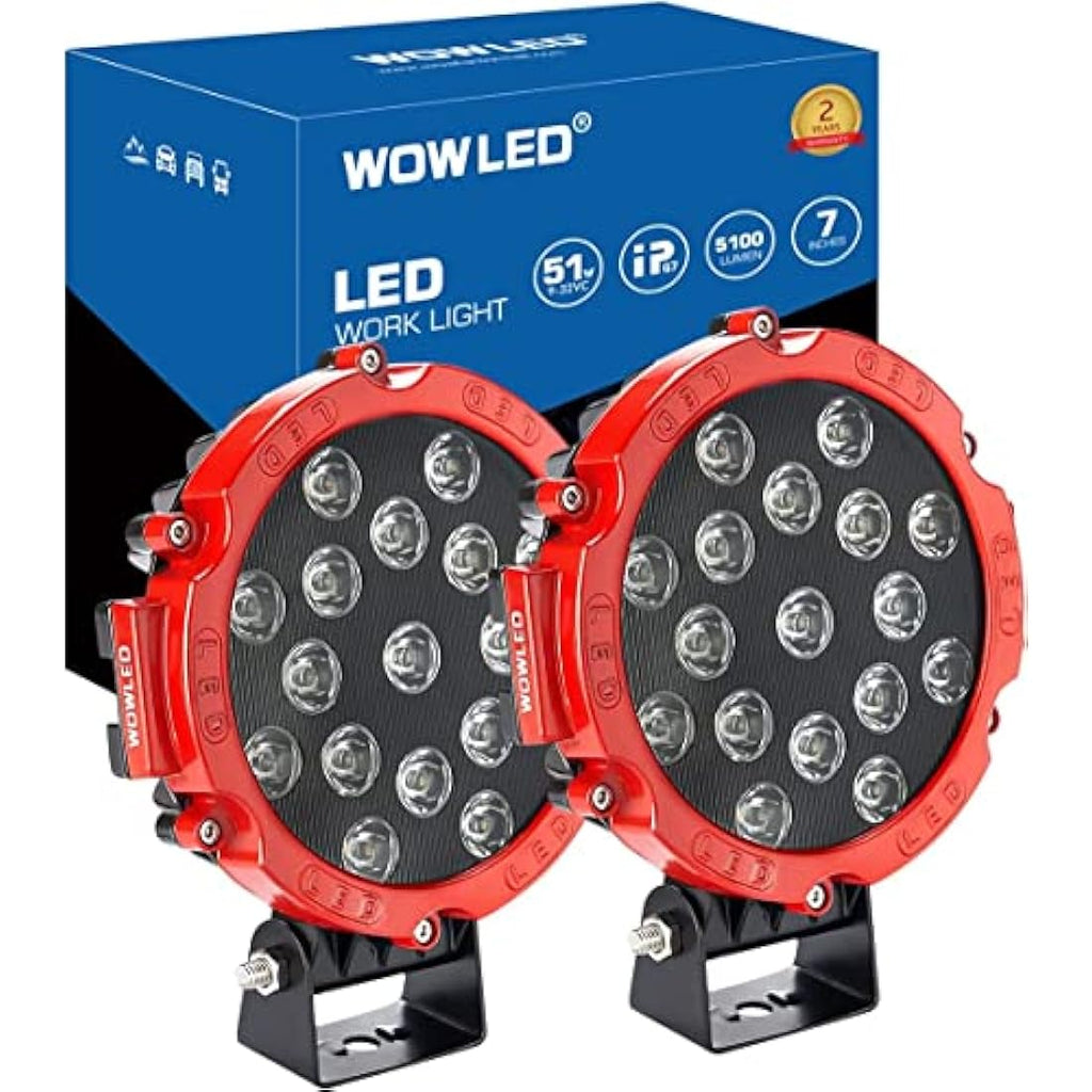WOWLED 7" Round LED Work Lights – 51W Red Spot Driving Lamps (2 Pcs)