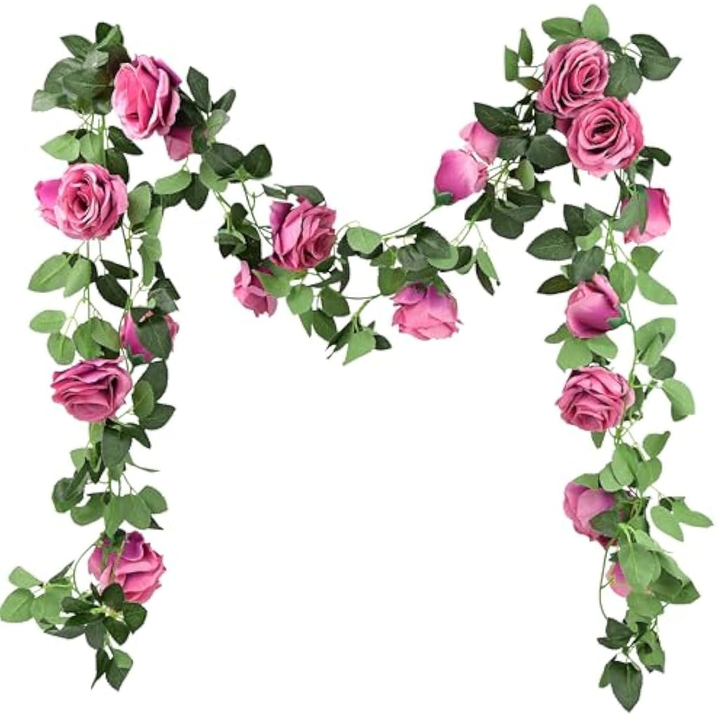 FiveSeasonStuff 2-Pack Fuchsia Silk Rose Garlands – 14.4ft Artificial Vines