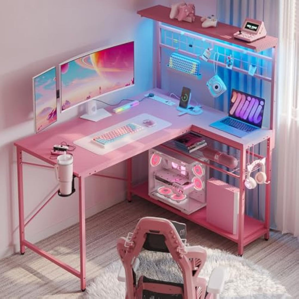 Bestier L-Shaped Gaming Desk with LED Lights and Power Outlets – 106cm