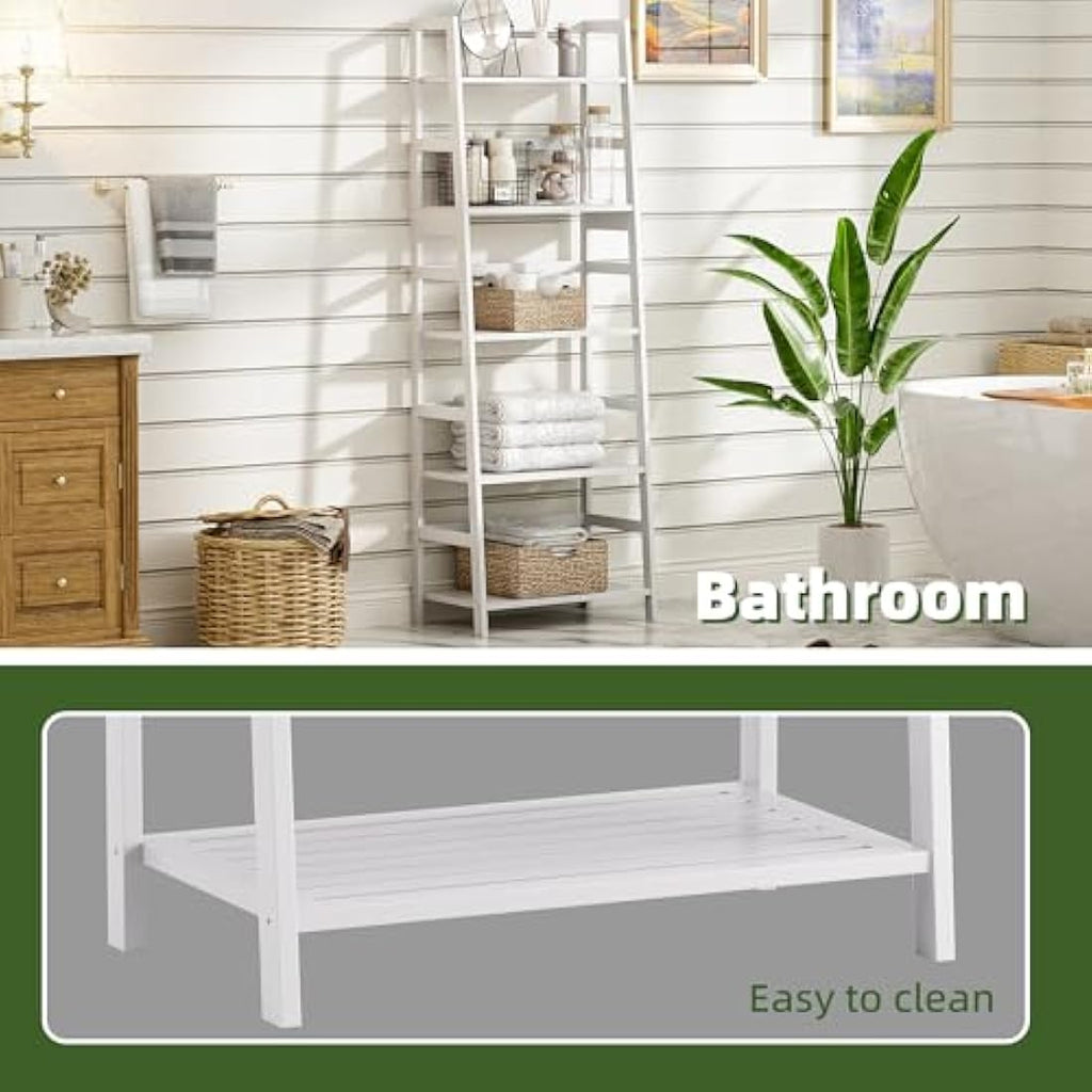 Vovala 5-Tier Bamboo Ladder Shelf – Modern Freestanding Bookcase, White