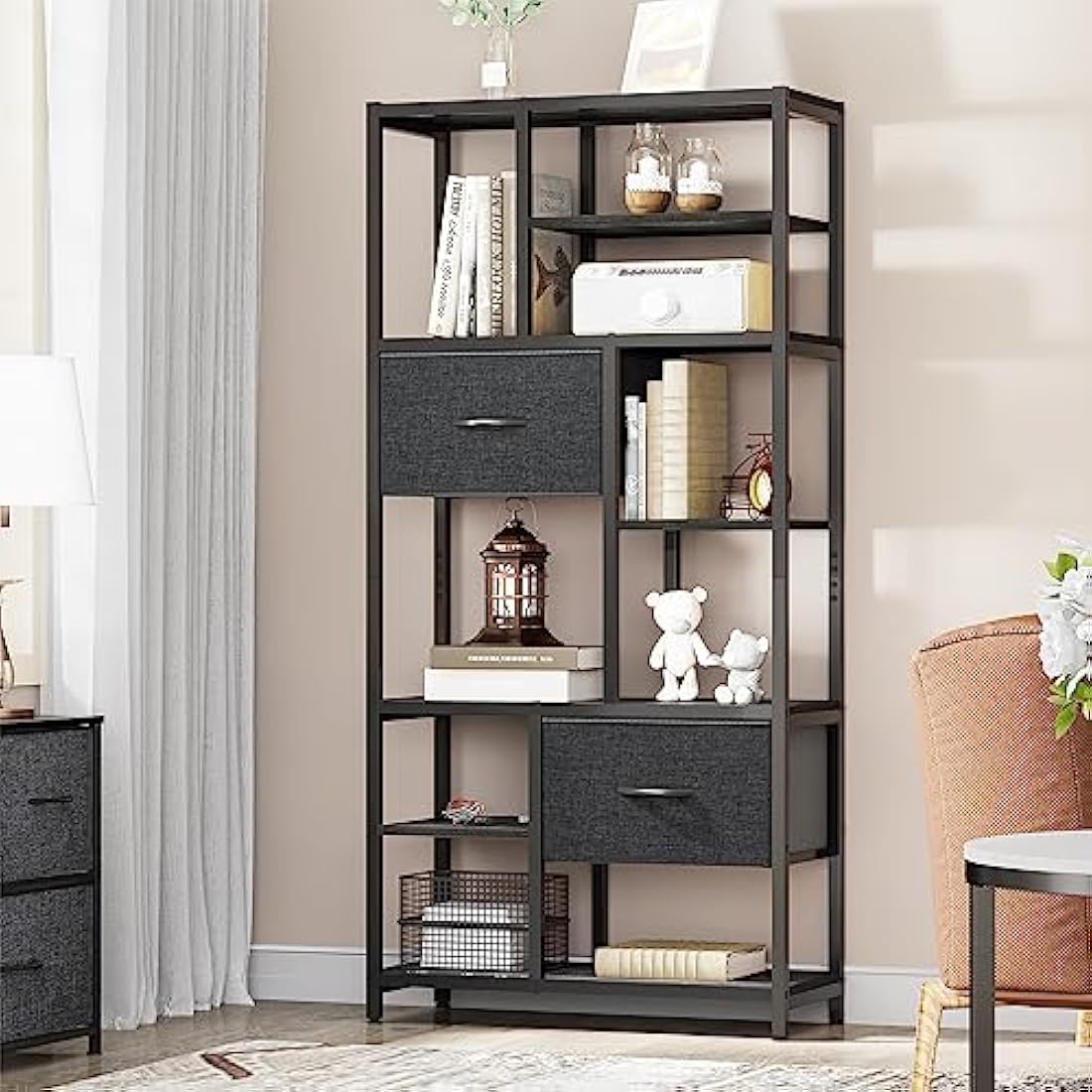 YITAHOME 7-Tier Industrial Bookshelf with 2 Drawers | Black Steel Frame
