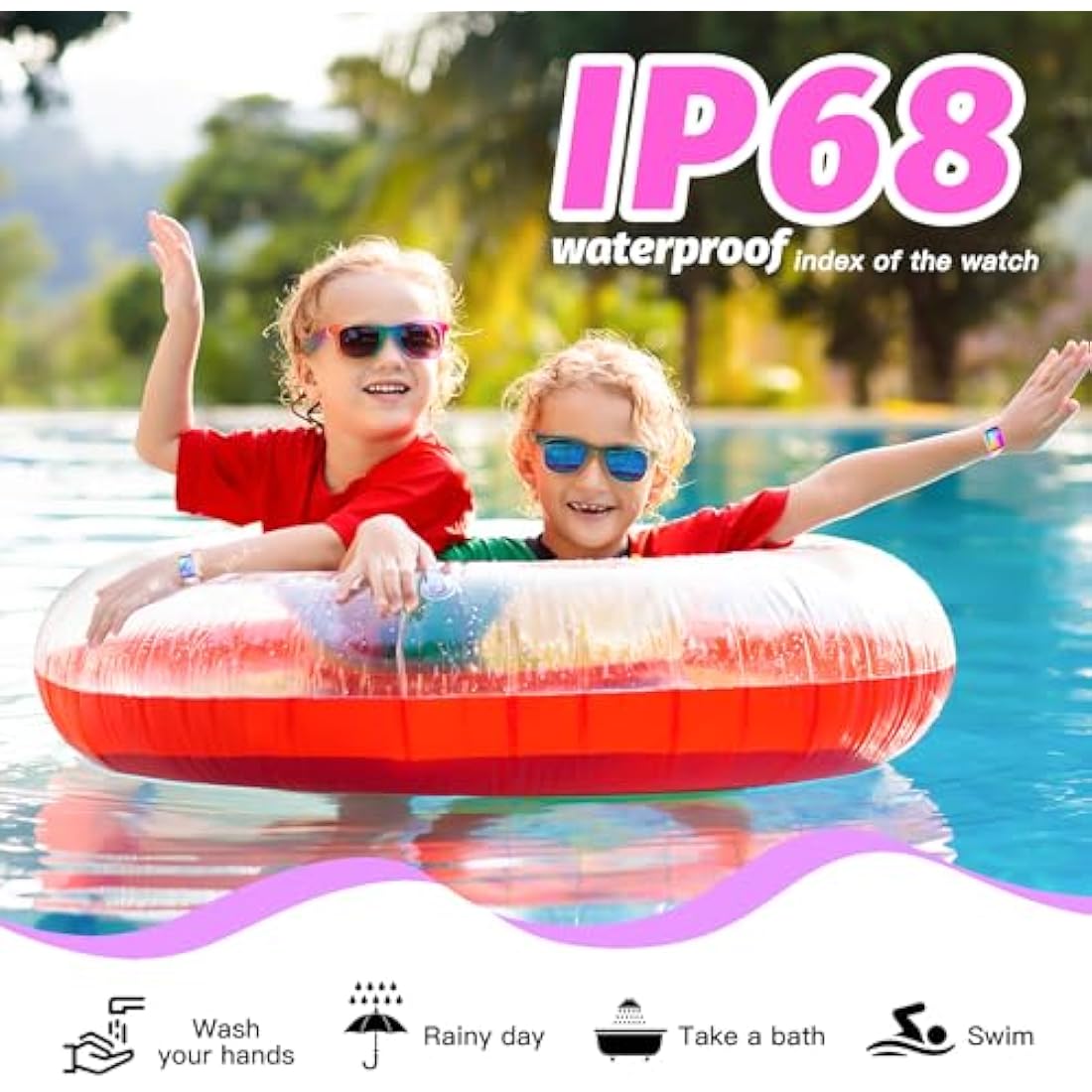 Kids Smart Watch – IP68 Waterproof Fitness Tracker, Pink