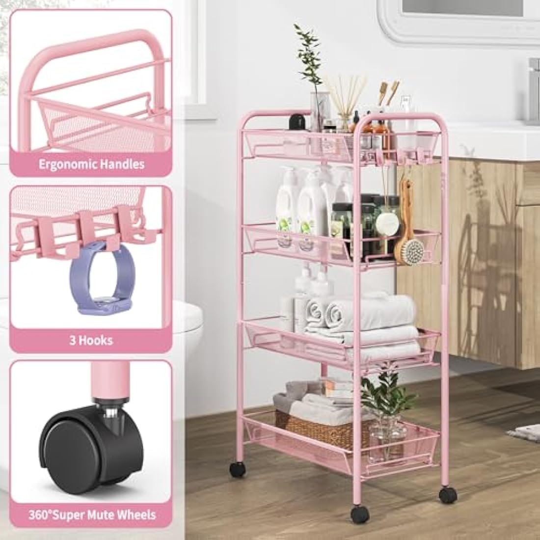 APEXCHASER 4-Tier Rolling Utility Cart | Metal Storage Trolley - Pink