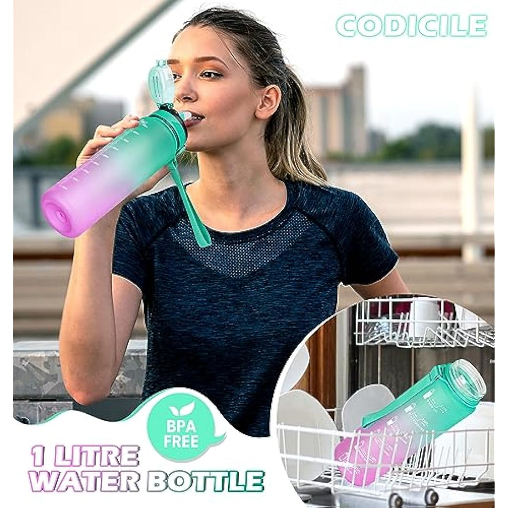 CodiCile 1L Water Bottle with Straw | Leak-proof Motivational Sports Bottle
