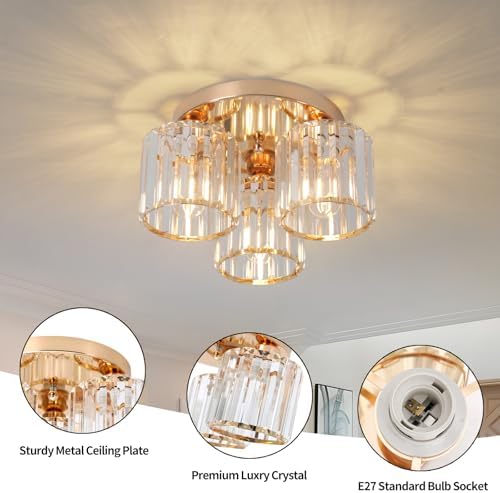 ZYDTRIP Modern Gold Crystal Chandelier – 3-Light Semi Flush Ceiling Fixture