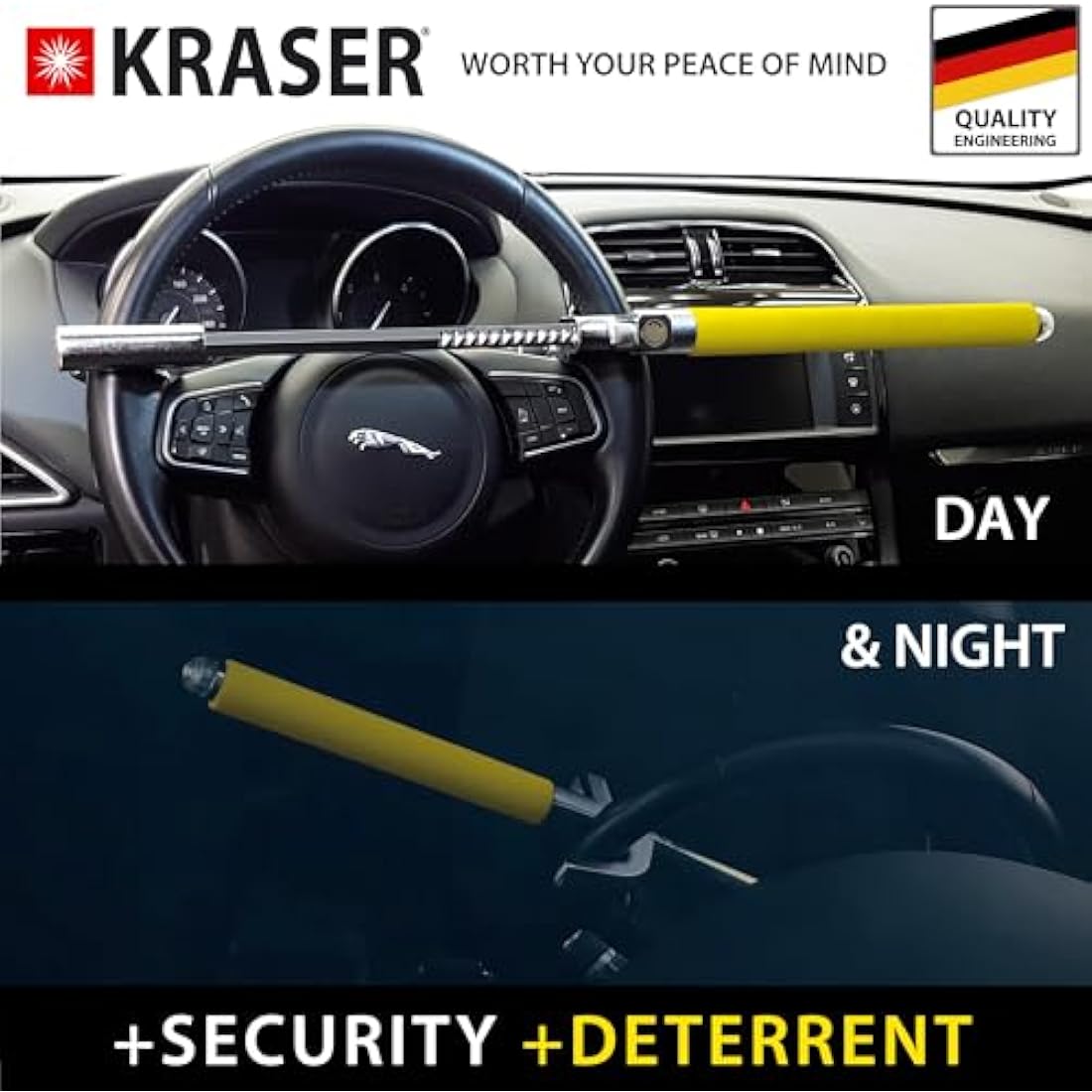 KRASER Steering Wheel Lock – High Security Anti-Theft Bar with Hammer