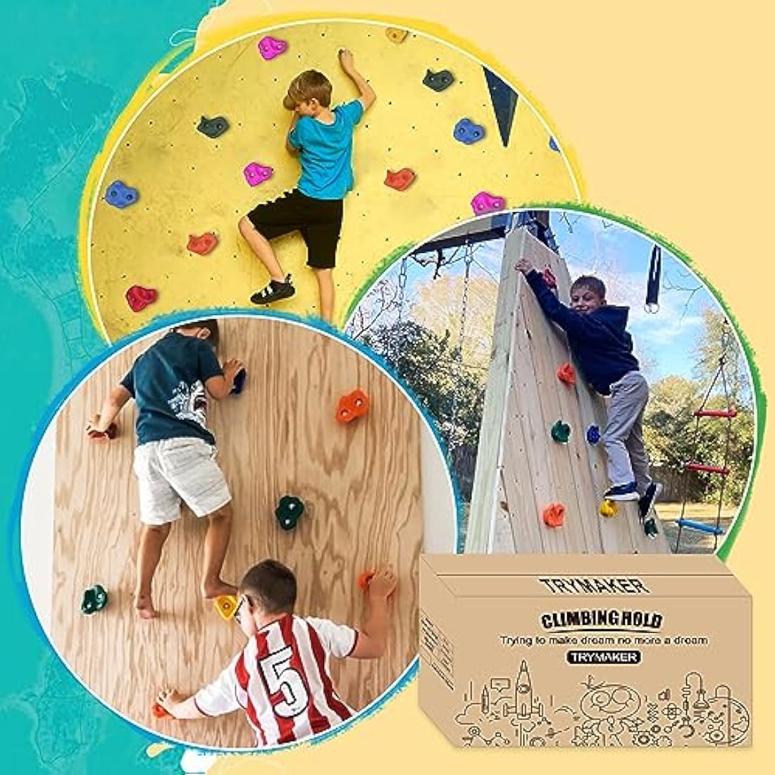Trymaker Rock Climbing Holds - Indoor and Outdoor Kids Climbing Set