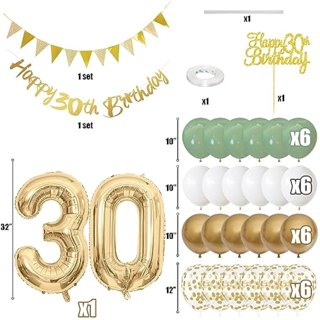 30th Birthday Decorations – Sage Green and Gold Party Kit