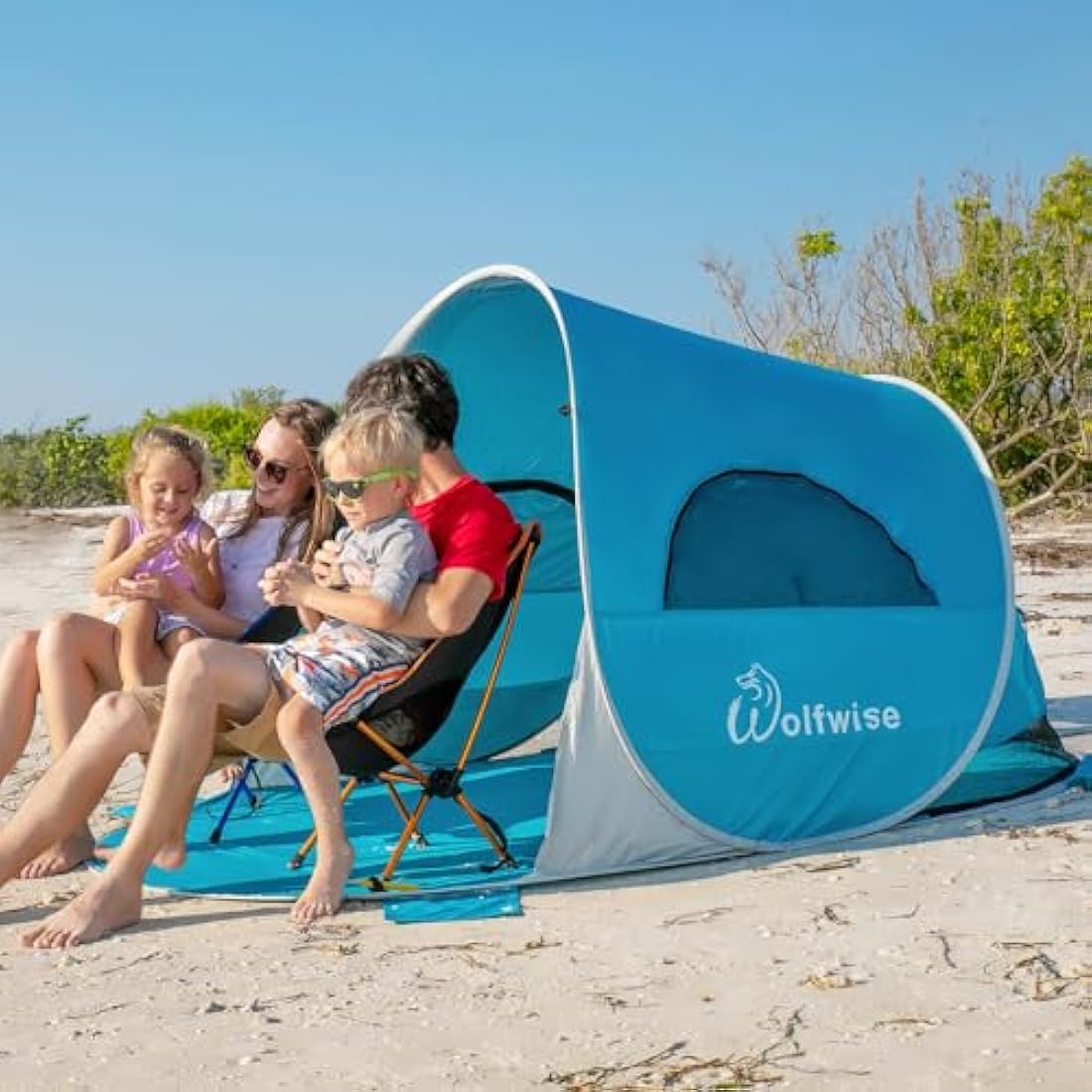 Wolfwise 3-4 Person Pop Up Beach Tent | UPF 50+ Sun Shelter - Blue