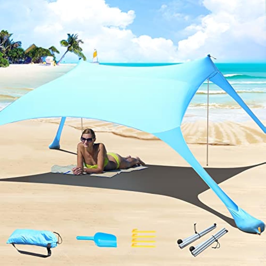 CUUPO 7x7 FT Beach Tent Sun Shelter | UPF 50+ Lycra Canopy with 2 Poles