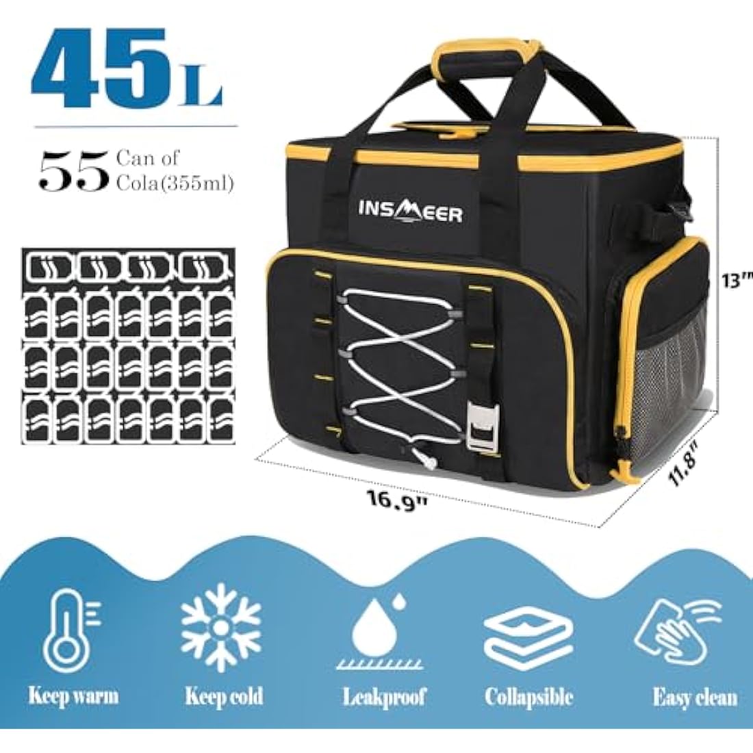 INSMEER 45L Large Insulated Cooler Bag – 55 Can Leak-Proof Foldable Bag