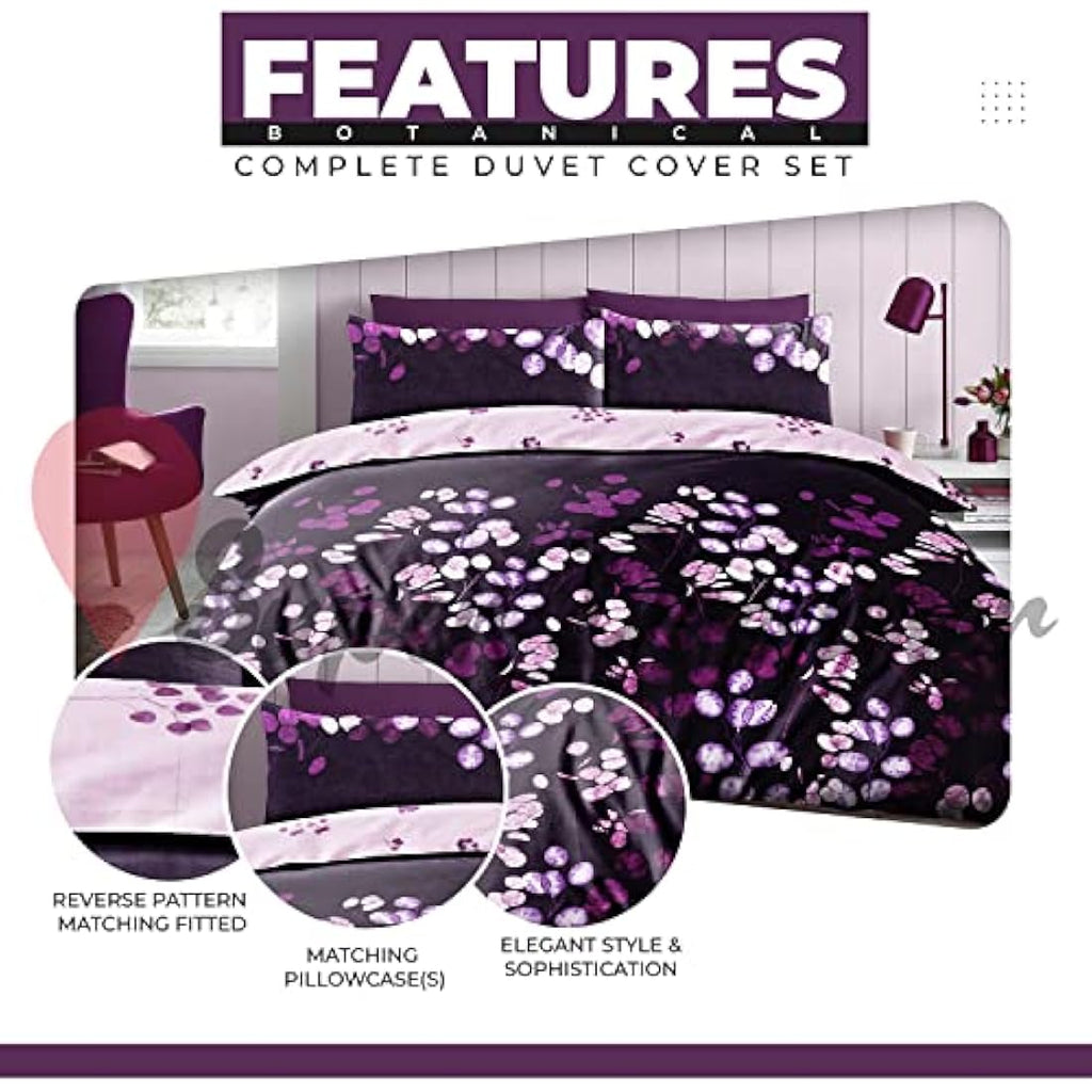 Jolof Store Purple Botanical Double Duvet Set with Fitted Sheets