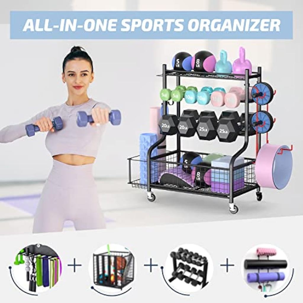 Mythinglogic Dumbbell Rack - 3-Tier Steel Weight Stand with Wheels