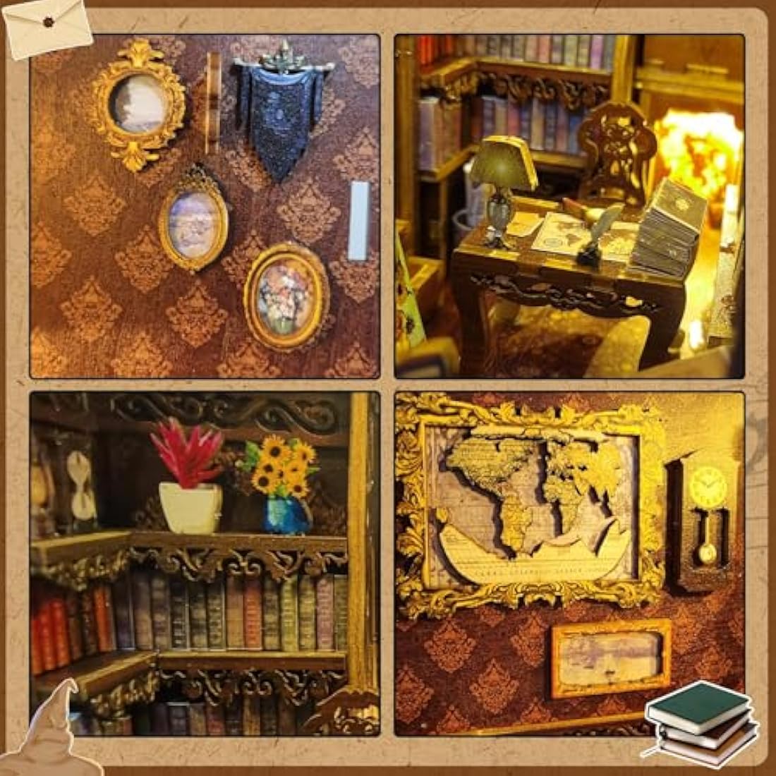 CRIOLPO Library Book Nook Kit – DIY 3D Wooden Puzzle with Sensor LED Light