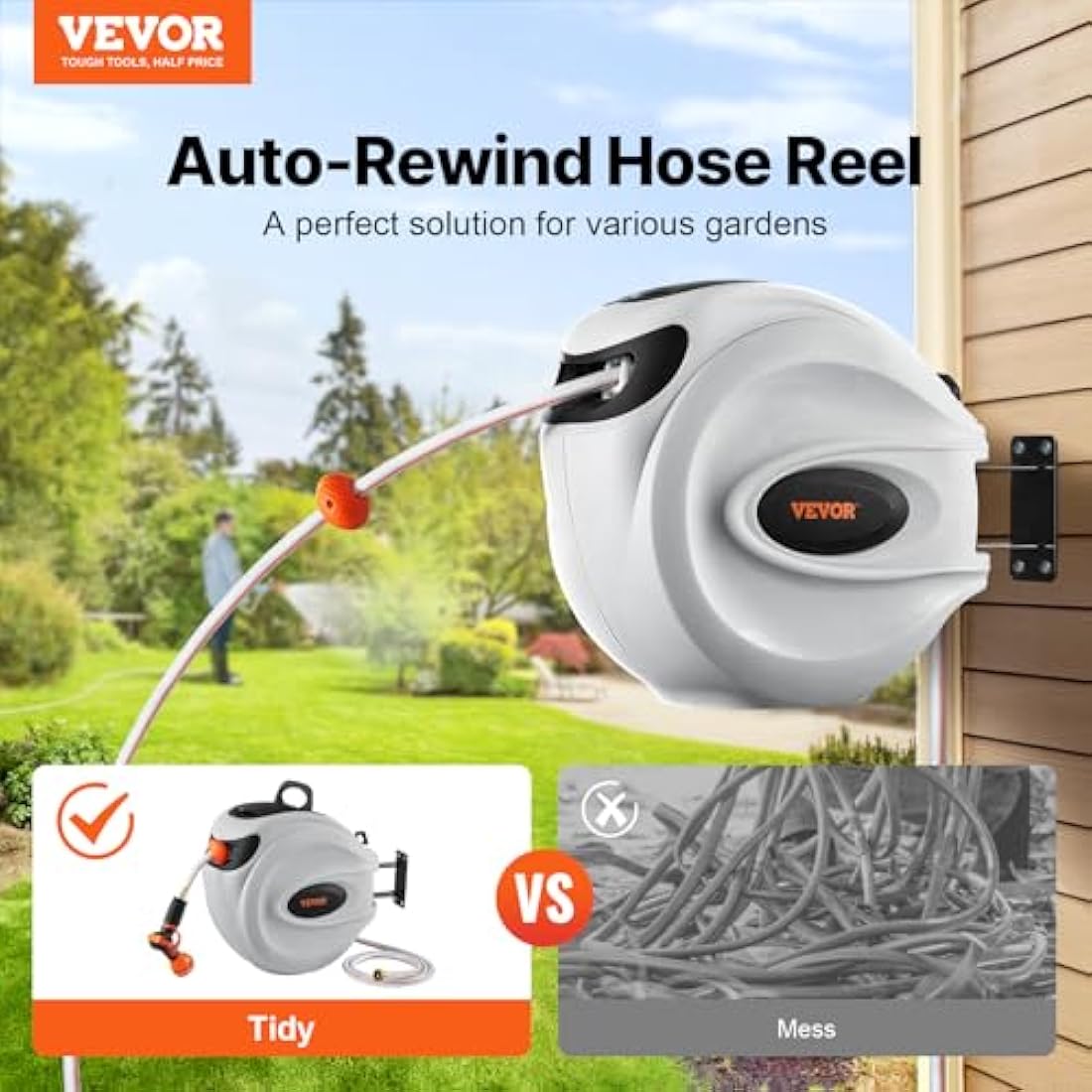 VEVOR Retractable Garden Hose Reel | 131ft Wall Mounted Auto-Rewind