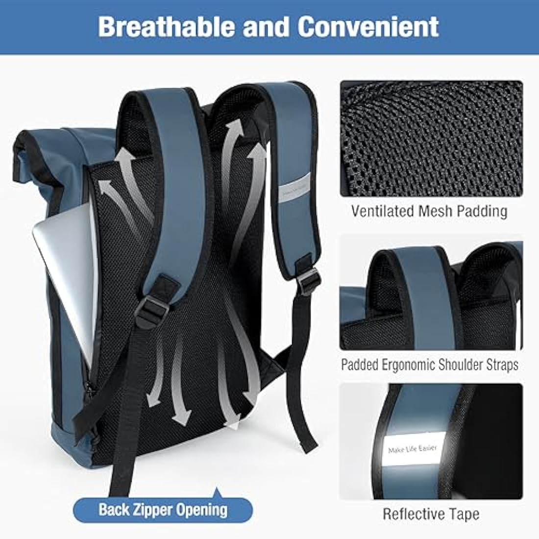 Lekeinchi 17-Inch Waterproof Roll Top Laptop Backpack - Blue