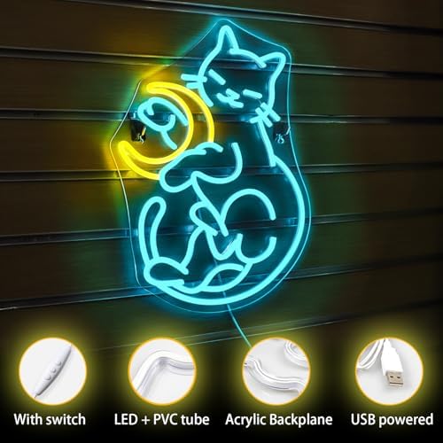 Horseneon Cat and Moon Neon Sign | Dimmable LED Wall Decor for Bedroom