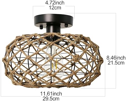 LynPon Rattan Ceiling Light – Boho Woven Hemp Rope Semi Flush Mount