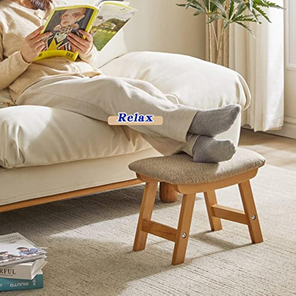 Jolof Store Wooden Footstool – Padded Beech Wood Ottoman with Beige Cover