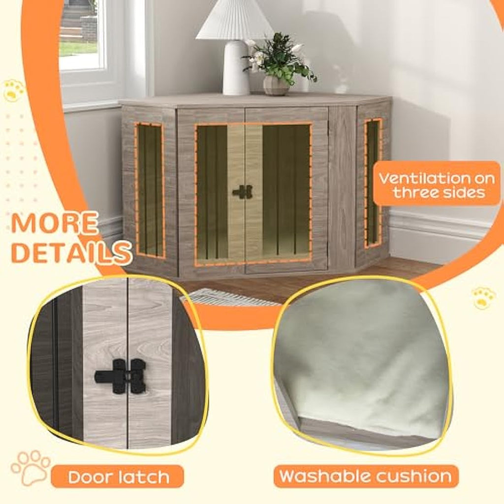 PawHut Dog Crate Furniture – Walnut Brown Side Table Kennel with Cushion