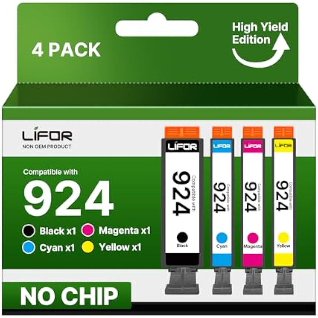 LIFOR 924 Ink Cartridges for HP OfficeJet Pro 8120e 8130e | 4 Pack No Chip