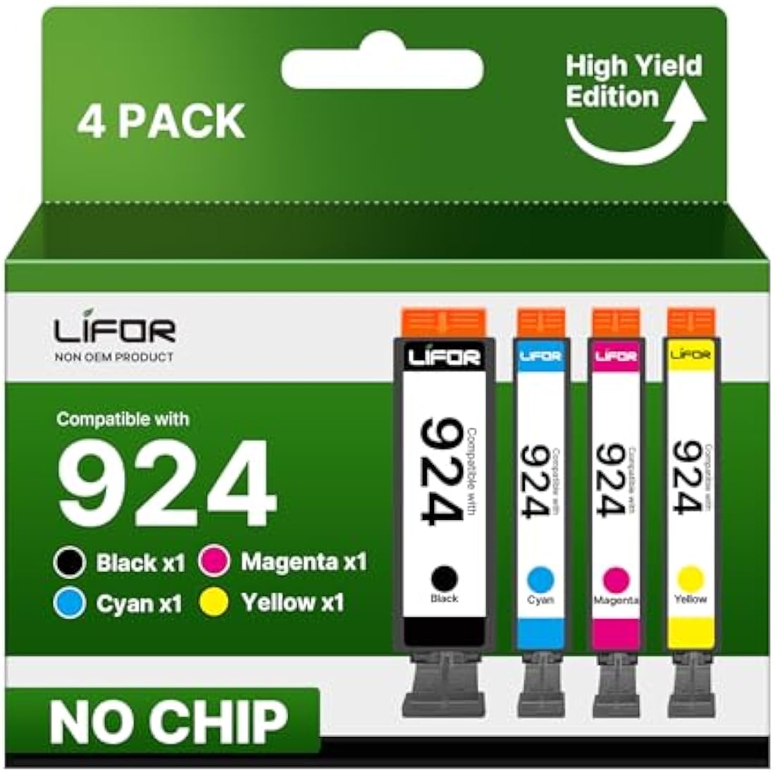 LIFOR 924 Ink Cartridges for HP OfficeJet Pro 8120e 8130e | 4 Pack No Chip