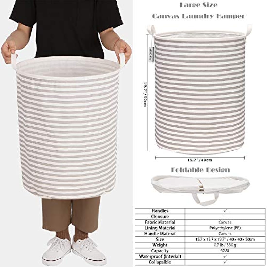 Sea Team Large Waterproof Cotton Laundry Hamper – Grey Stripe Storage Basket