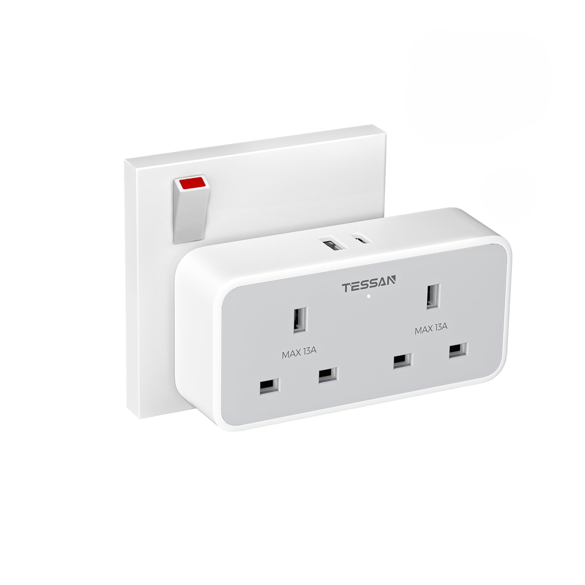 TESSAN Double Plug Adapter UK | 2 Way Multi Socket with 2 USB Ports