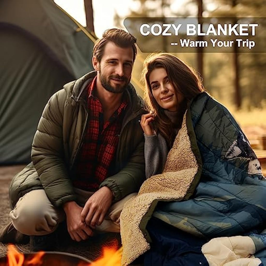 KawaGebo Kamp Sherpa Camping Blanket | Warm Puffy Quilt & Poncho