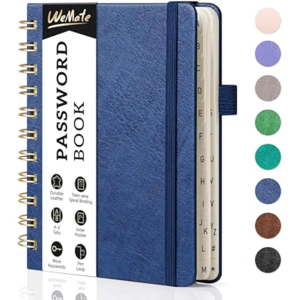 WEMATE Spiral Password Book with Alphabetical Tabs - Navy Blue Journal
