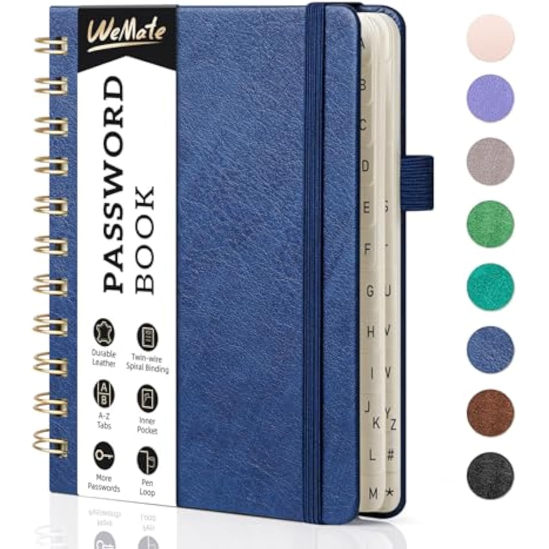 WEMATE Spiral Password Book with Alphabetical Tabs - Navy Blue Journal