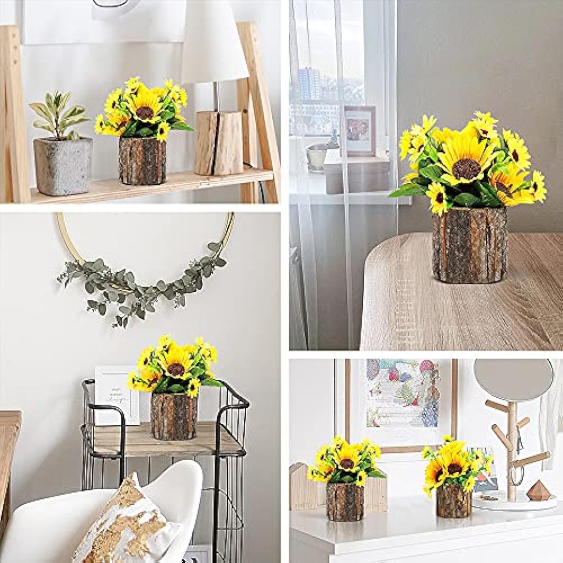 AceList Artificial Sunflowers | Potted Fake Plants with Bark Pots