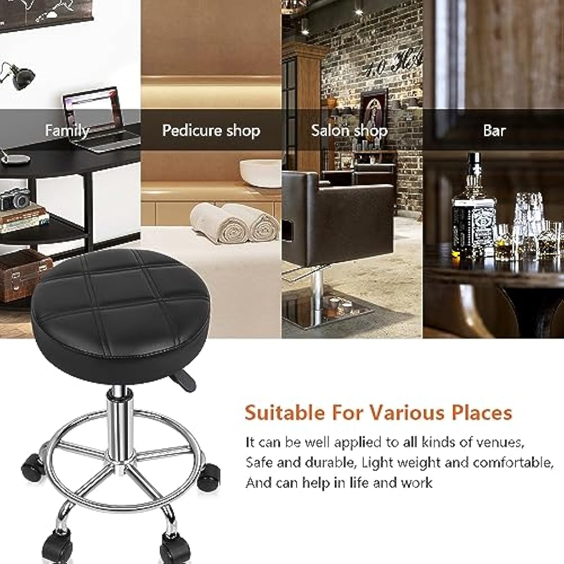 KKTONER Round Rolling Stool - Adjustable PU Leather Swivel Salon Chair