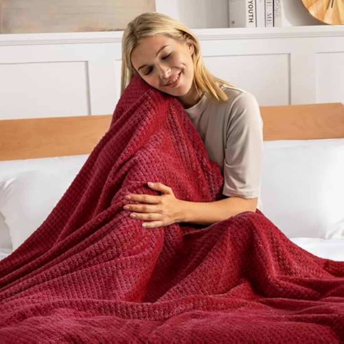 Jolof Store King Size Fleece Bed Blanket | Waffle Weave Jacquard - Burgundy