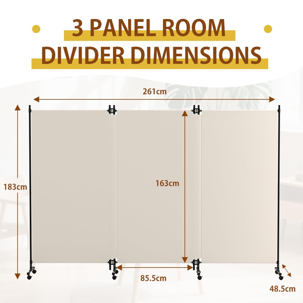 HIDODO 3 Panel Upgraded Room Divider with Wheels, 261cm W x 183cm H, Beige - image 2