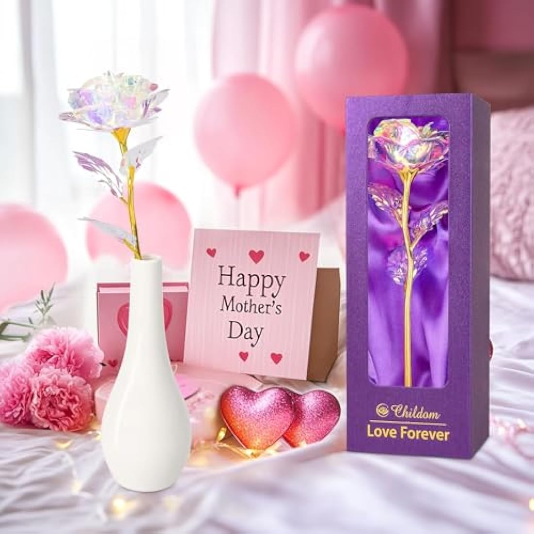 Rainbow Rose Flower with Vase – Artificial Everlasting Gift Set