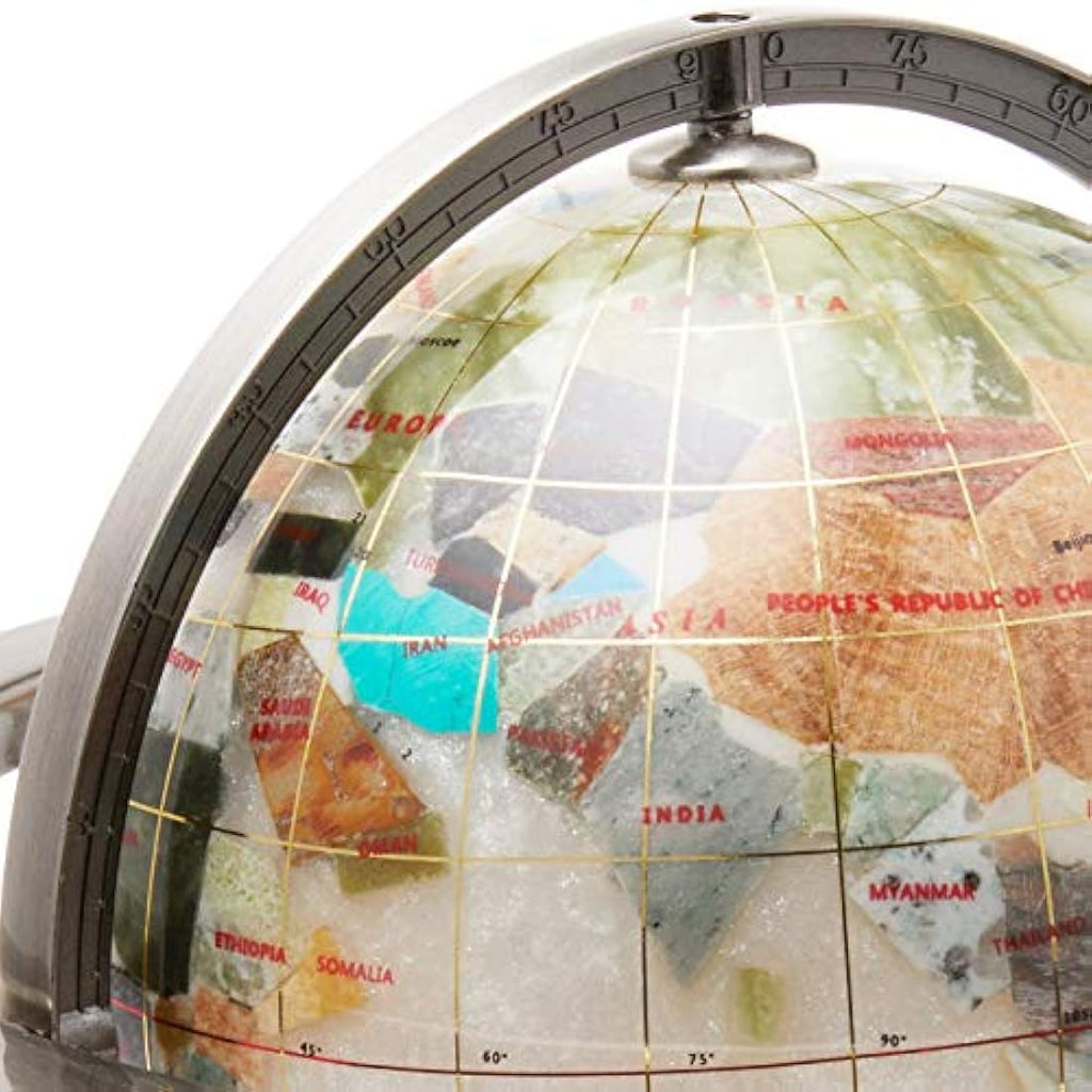 Pearl Swirl Gemstone World Globe – 10-Inch Silver Stand
