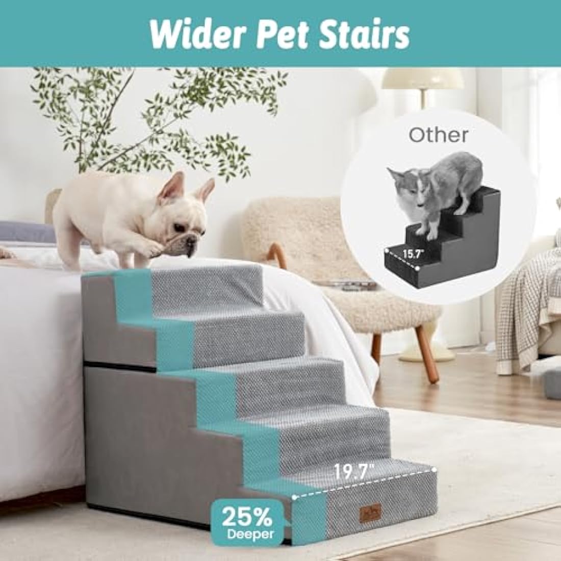 COZY KISS 5-Tier Wide Dog Stairs – Foldable High-Density Foam Pet Steps