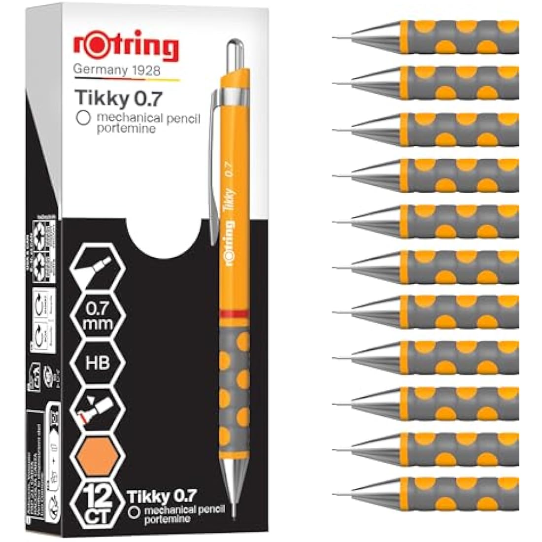 rOtring Tikky Mechanical Pencil - 0.7mm HB Marigold Orange - 12 Count