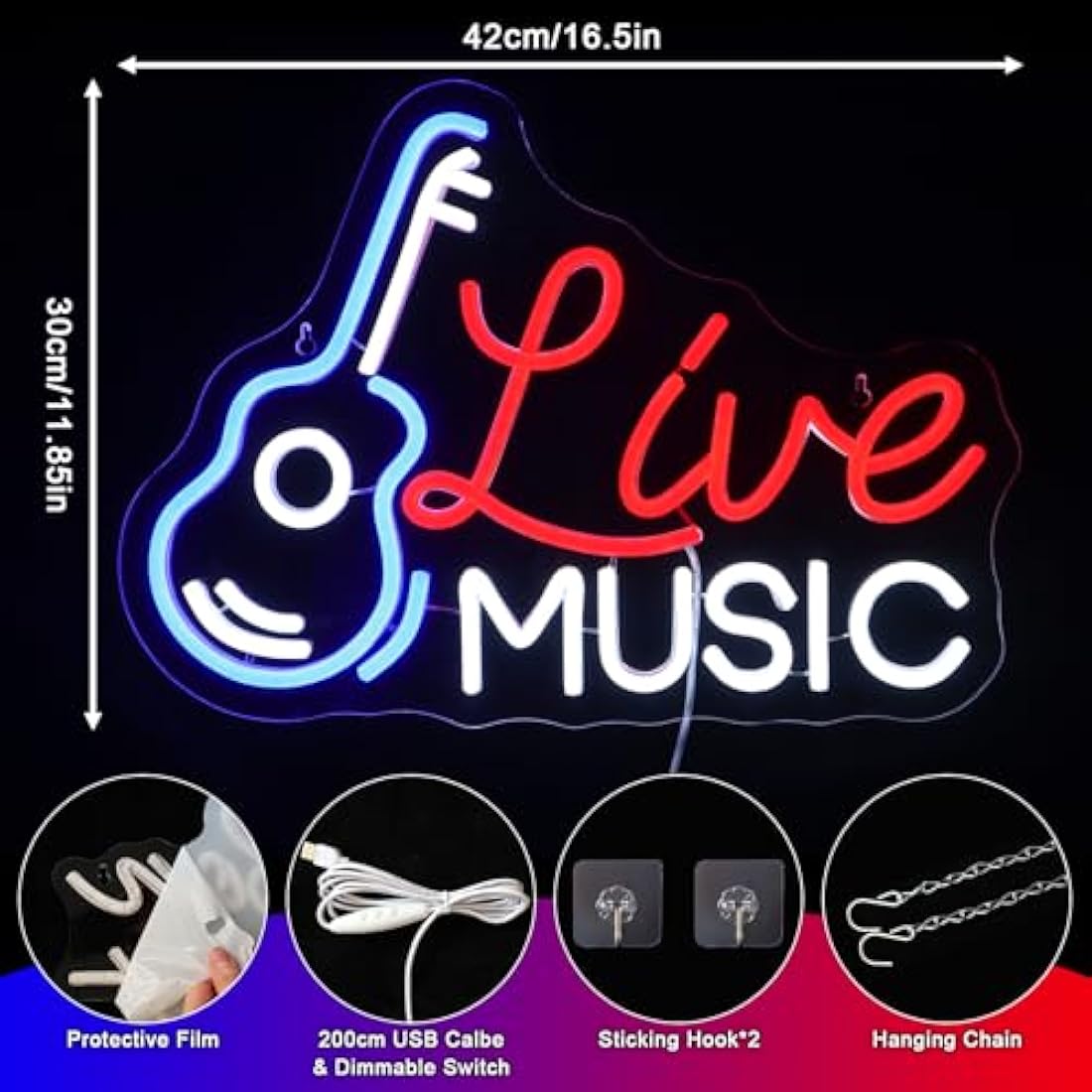 Live Music Guitar Neon Sign - Dimmable LED Wall Decor