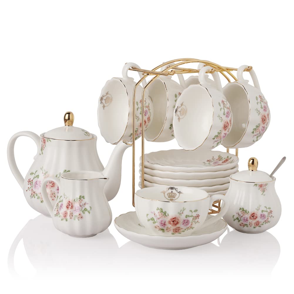 Sweejar Home Porcelain Tea Set - 21-Piece Rose Flower Ceramic Teaware