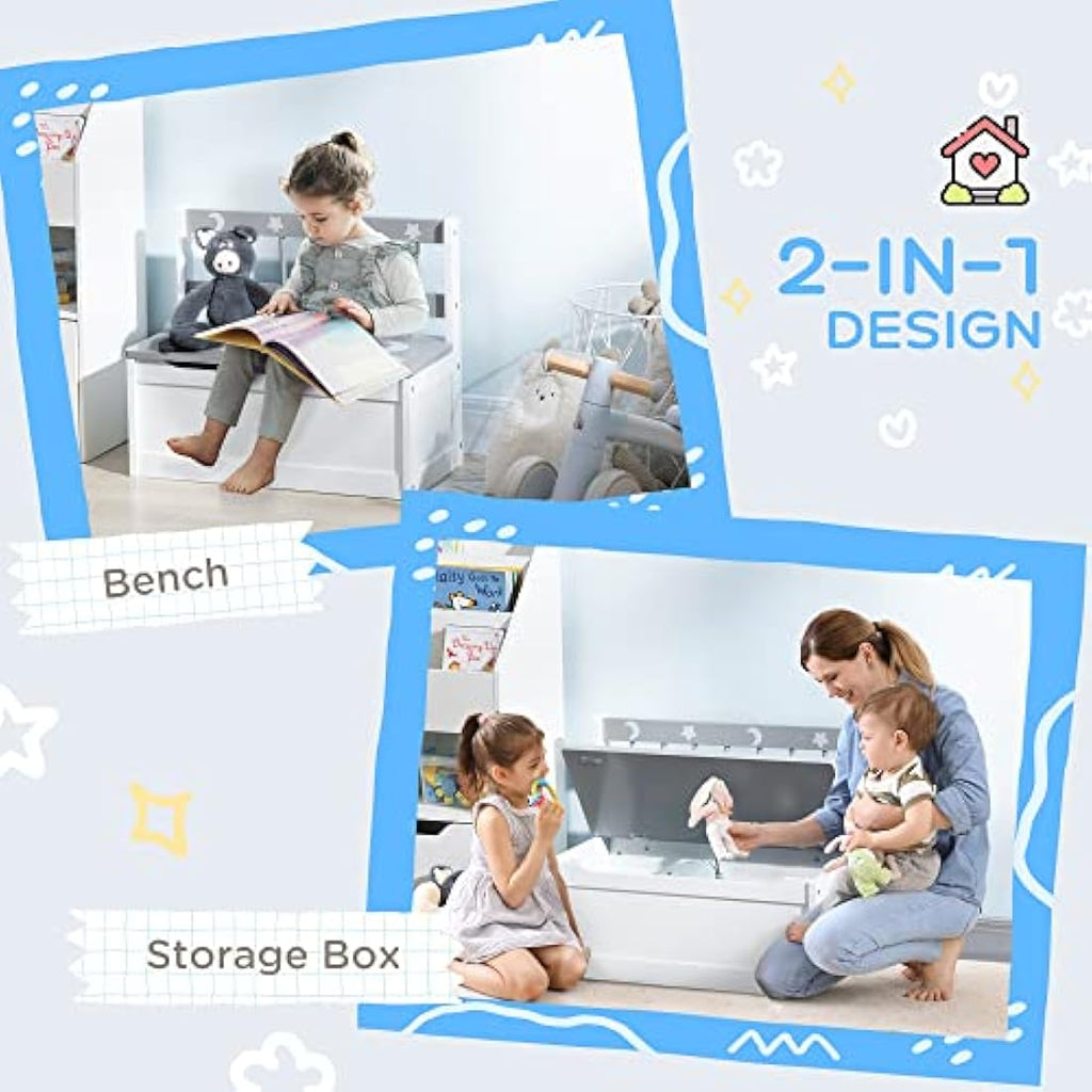 ZONEKIZ 2-in-1 Wooden Toy Box | Kids Storage Bench with Safety Lid - Grey