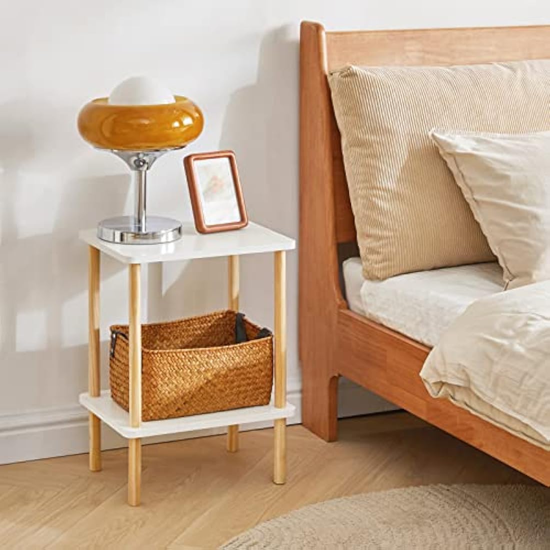 IBUYKE 2-Tier Wood Side Table – Narrow Nightstand with Storage, White